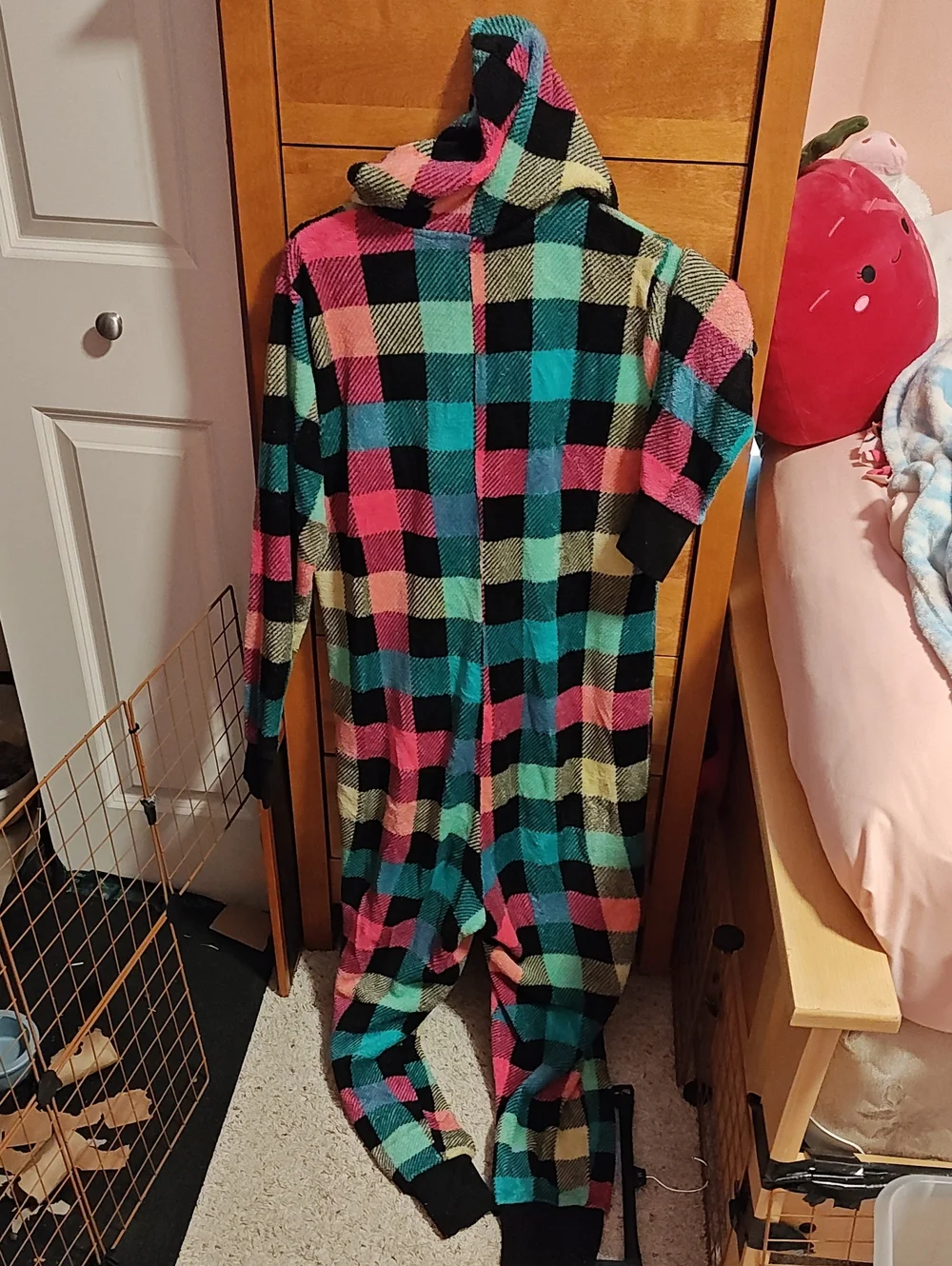 Kids Hooded Plaid Fleece Pajama Onesie - Multicolor
